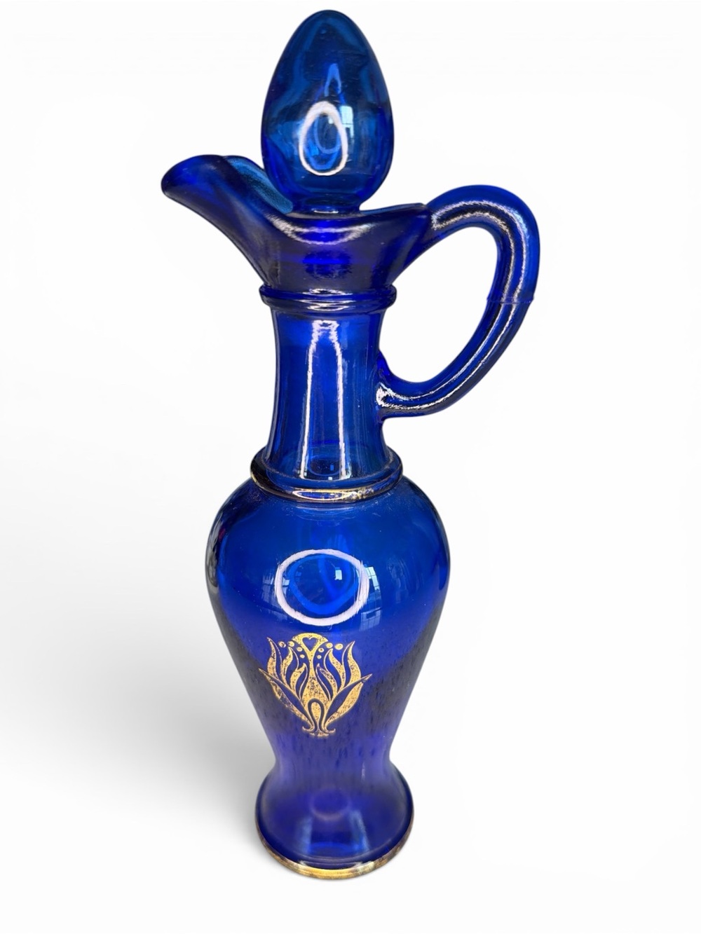 Avon Cobalt Blue Glass Ewer with Gold Floral Motif